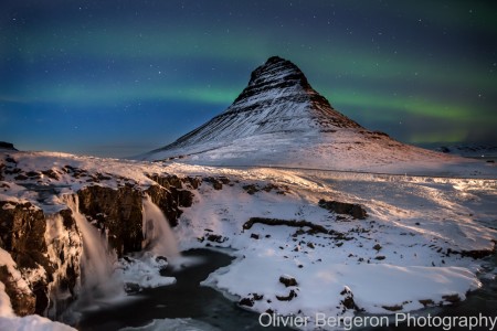 Aurora Borealis on Kirkjufell form kirkjufellfoss - Iceland
